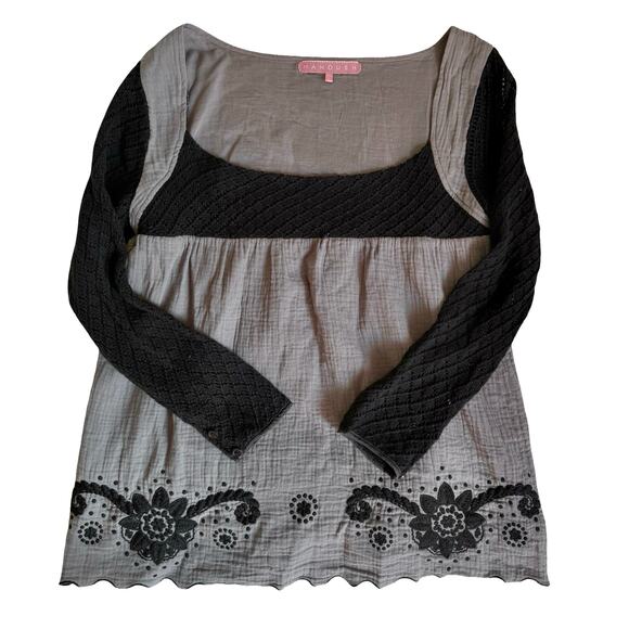 Manoush Boho Embroidered Peasant Top Gray Black Cotton Blouse Size L - Picture 1 of 11